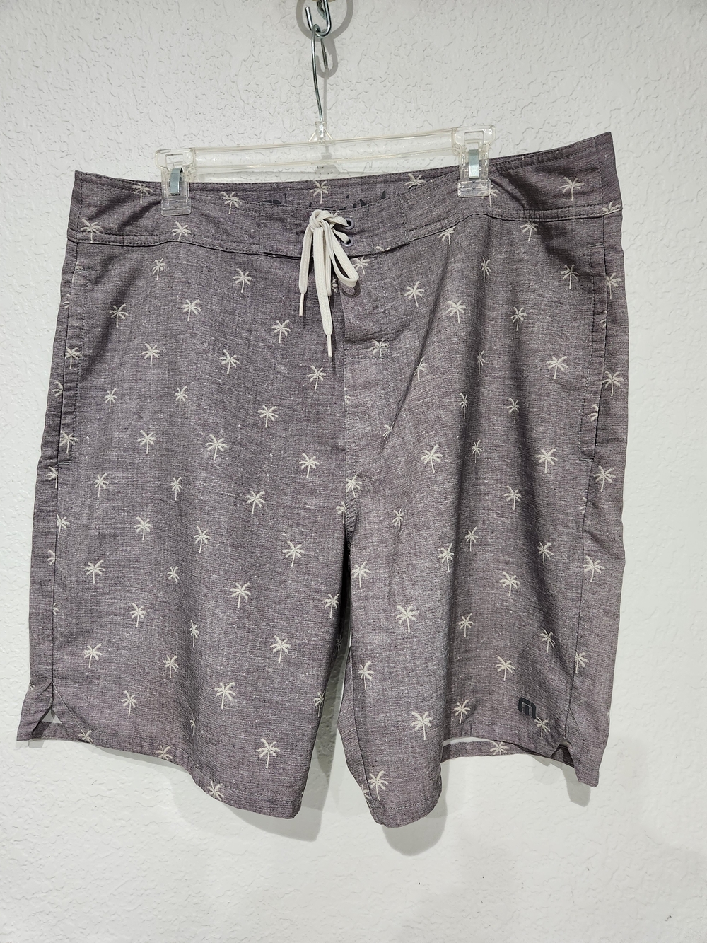 Men's Gray Palm Print Swim Short Ras with Drawstring